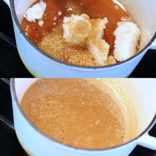 split image of honew granola ingredients in a saucepan