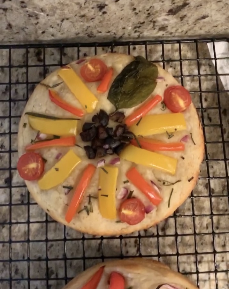garden focaccia cooling on rack