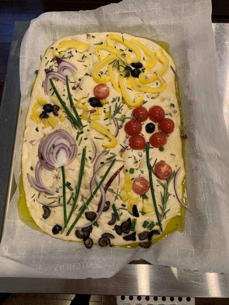 garden focaccia bead on a pan