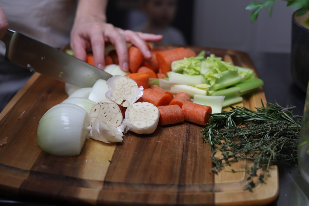 Roughly chopping vegetables for turkey trivet