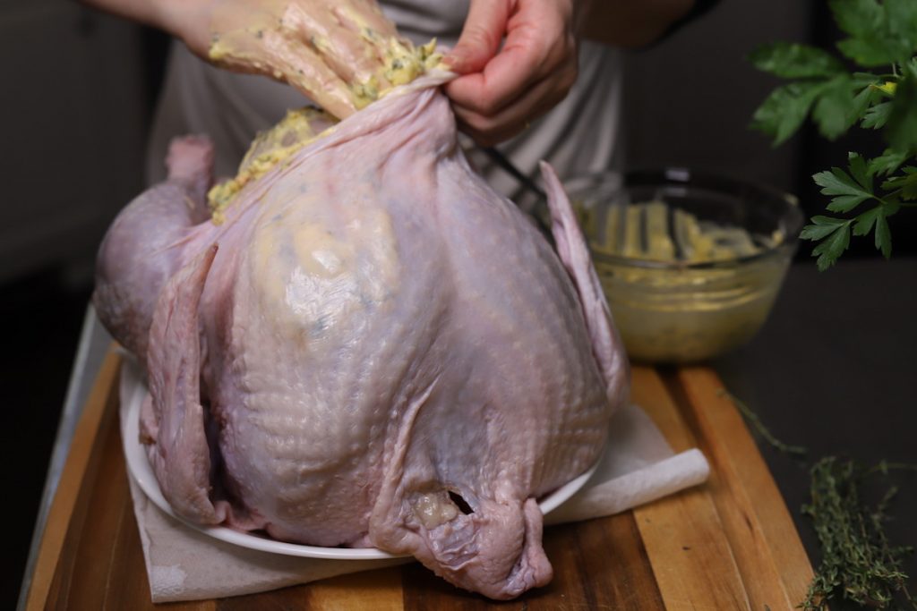 butten into the pockets on a turkey